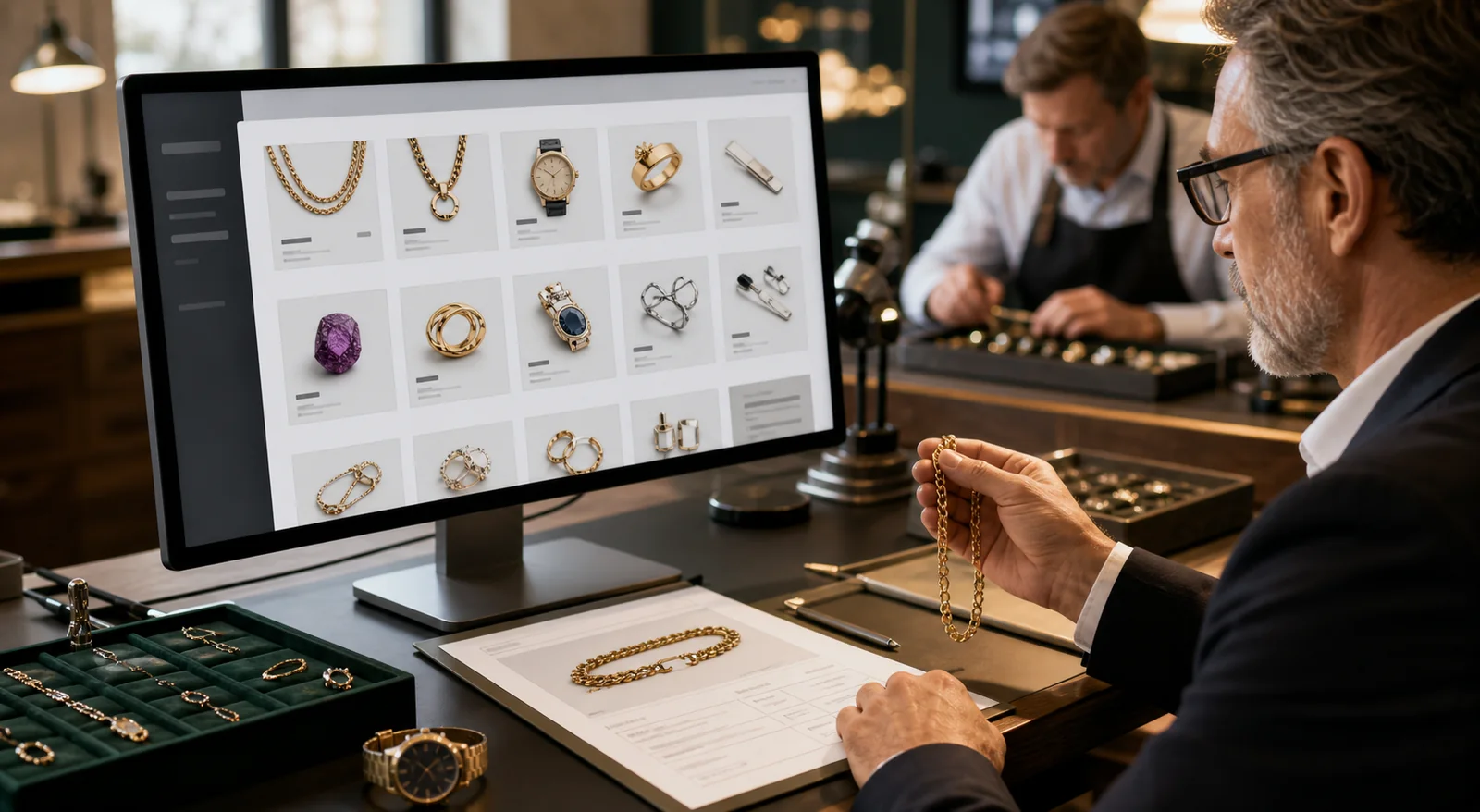 Juwelier vergleicht eine Goldkette mit Angeboten auf einem digitalen B2B-Marktplatz.