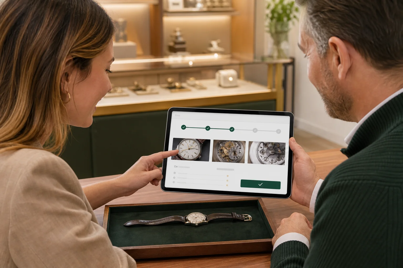 Kundin verfolgt gemeinsam mit einem Juwelier einen Uhrenauftrag im Kundenportal.